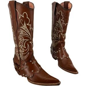 Women's Brown Studded Embroidered El General Leather Western Cowboy Boots 5M